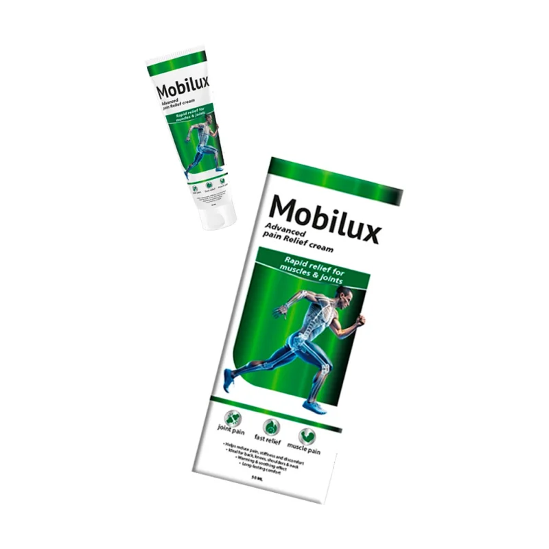 Mobilux pain relief cream box packaging showing joint and muscle pain icons